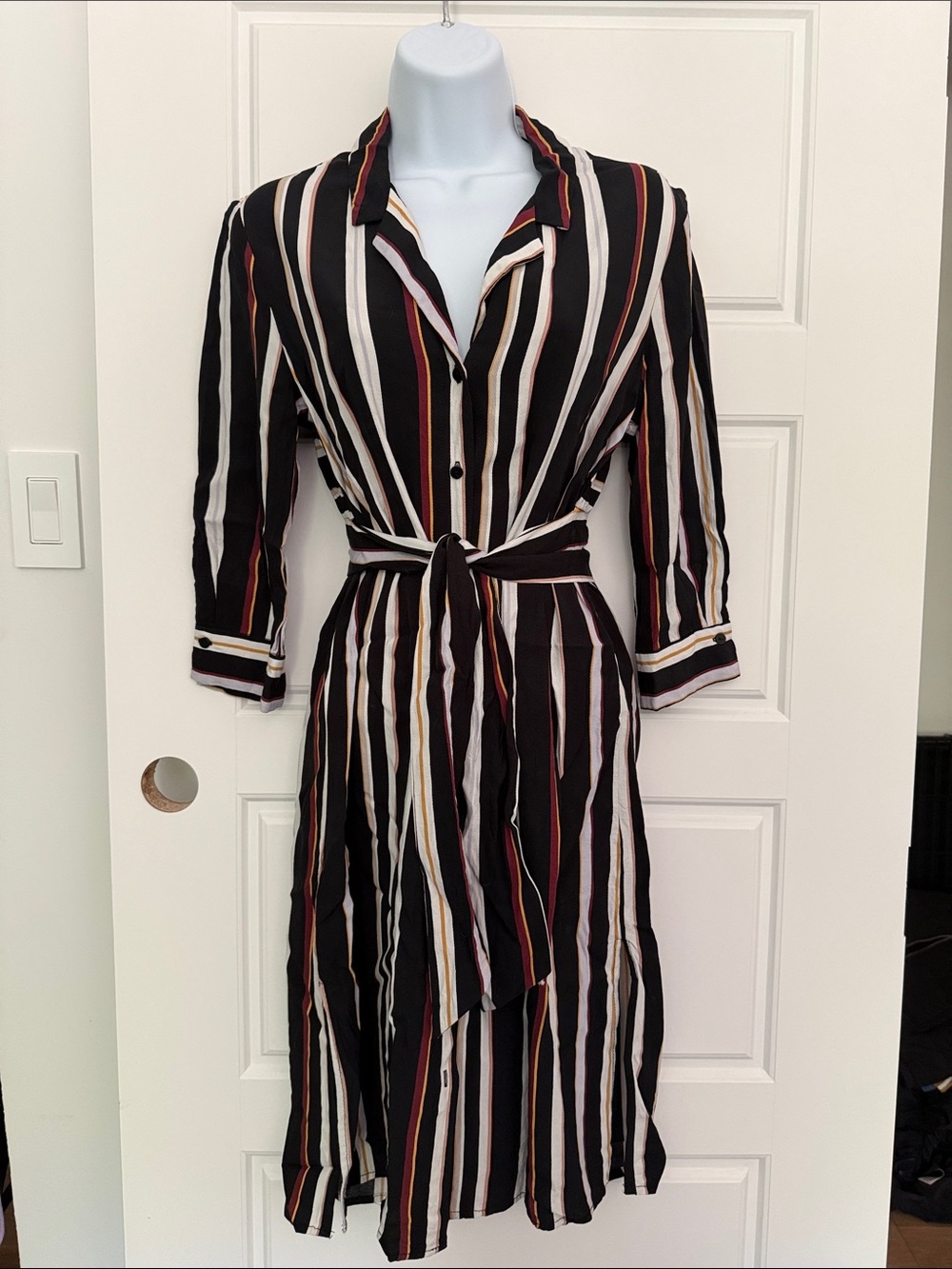 Dynamite Black Striped Midi Shirt Dress with Burgundy and Ivory Accents